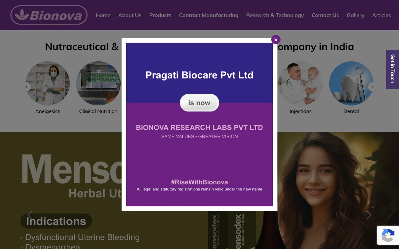 Nutraceutical & Pharmaceutical Manufacturer in India | Bionova live screenshot
